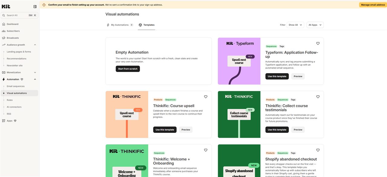 Kit visual automations template gallery with Typeform, Thinkific and Shopify templates