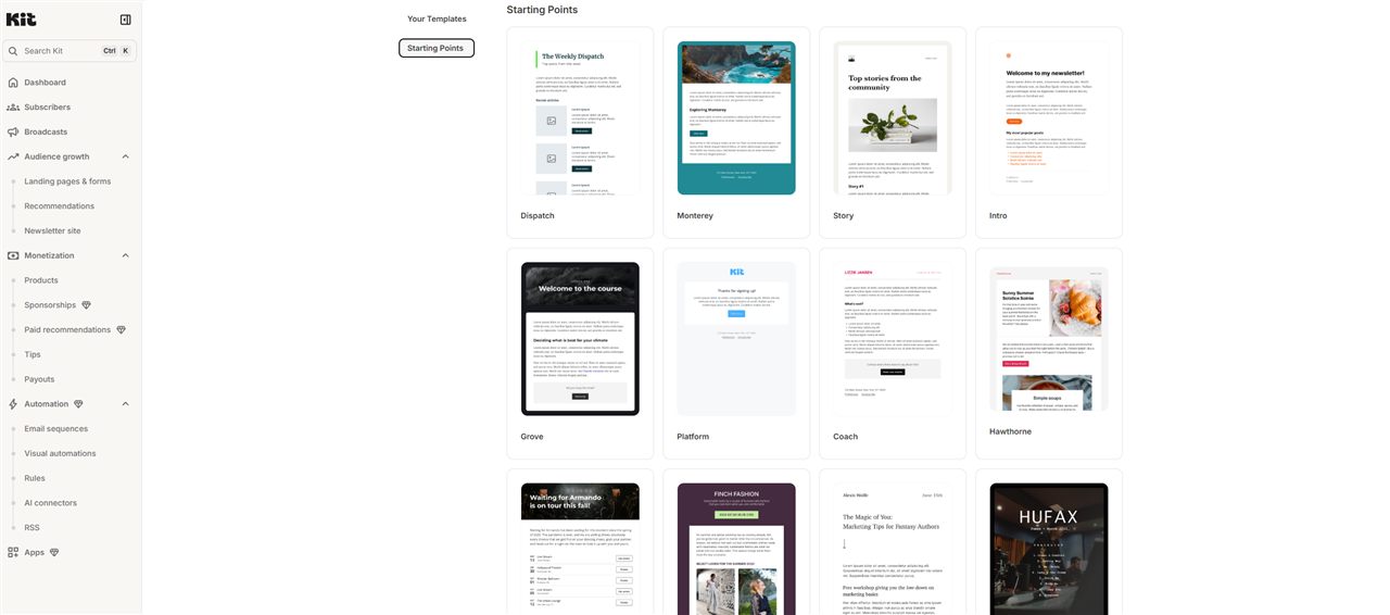 Kit newsletter site builder starting point templates: Dispatch, Monterey, Story
