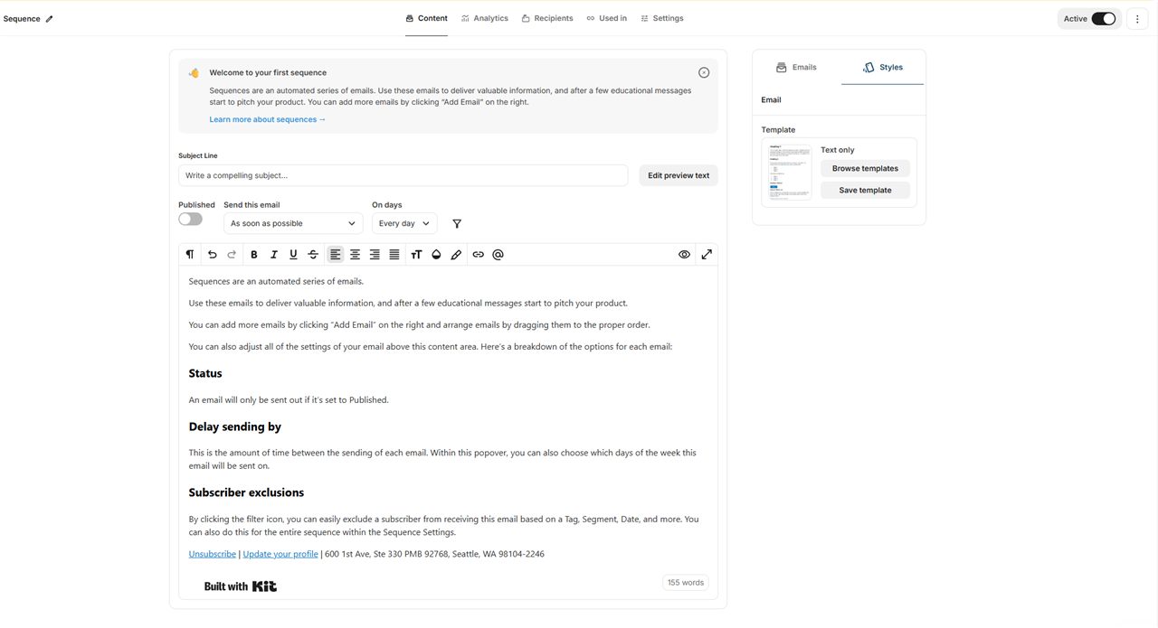 Kit email sequence editor showing subject line, schedule and plain text editor